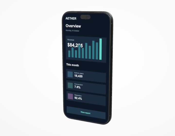 iPhone 18 Pro Max 3D mockup showing a dark analytics dashboard on the display